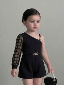 SHEIN Babygirl Cute Street Style Black Plaid Mesh Patchwork Romper - Black - View 1