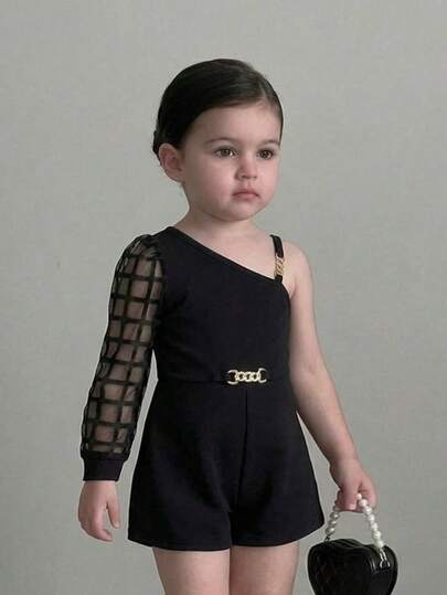 SHEIN Barboteuse noire à carreaux style de rue mignon avec patchwork en maille pour bébé fille