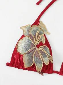 Swim Oasis 3件套夏季新款亮片刺绣花卉三角比基尼聚拢泳衣女款 - 紅色 - 查看 4