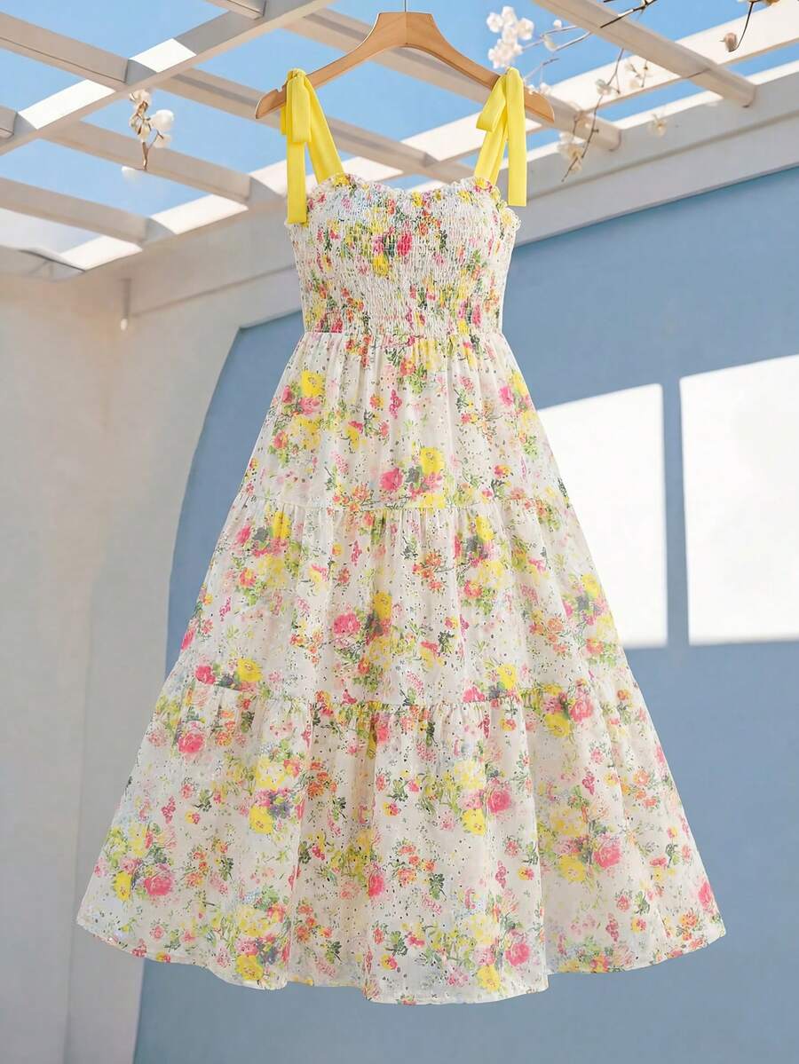 SHEIN Holidaya 大码刺绣镂空花卉印花吊带夏日连衣裙 - 彩色 - 查看 1