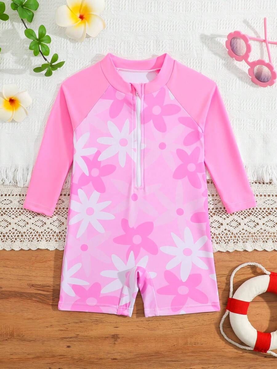 SHEIN Playful Pals 女童鲨鱼印花长袖连体泳衣,可爱图案,防晒,夏季 - 淺粉色 - 查看 1