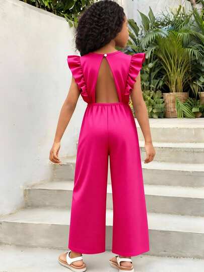 Tween Girls' Solid Color Backless Jumpsuit, Casual Vacation Wear