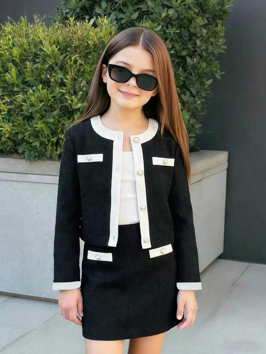 SHEIN Firerie Kids 少女黑白拼接外套和迷你裙套装 - 黑與白 - 查看 1