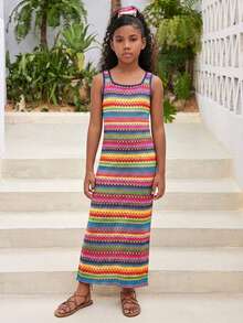 SHEIN Tween Girls' Sleeveless Long Fitted Casual Dress Girls Summer Maxi Dress - Multicolor - View 6