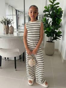 Bộ 2 món cho bé gái tuổi teen: Áo tank top kẻ sọc đen trắng dáng rộng + quần ống rộng, trang phục thời trang mới mùa xuân/hè 2026, đa năng, thích hợp mặc thường ngày. - Nhiều màu - Xem 5