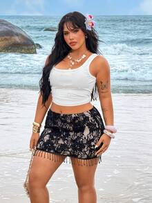Rustia Minifalda ajustado bordada para mujer talla grande, falda sexy con decoración de flecos, adecuada para vacaciones y citas de primavera/verano - Negro - Ver 5