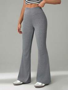 SHEIN Tall 女士休闲纯色高腰喇叭裤 - 灰色 - 查看 5