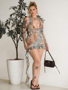 Arliah 女式露背夏季外出夏威夷波西米亚风海滩性感派对露背豹纹西部迷你连衣裙 - 彩色 - 查看 3