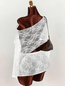 Amplova Romantic Boho New Lace Sheer Asymmetric Shoulder Cover Up Top & Tie-Up Mini Skirt 2-Piece Set For Women - White - View 7