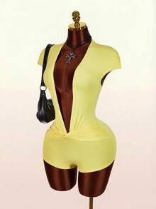 Amplova Deep Draped Neck Twist Front Jumpsuit With Ruched Sleeves - Light Yellow - View 4