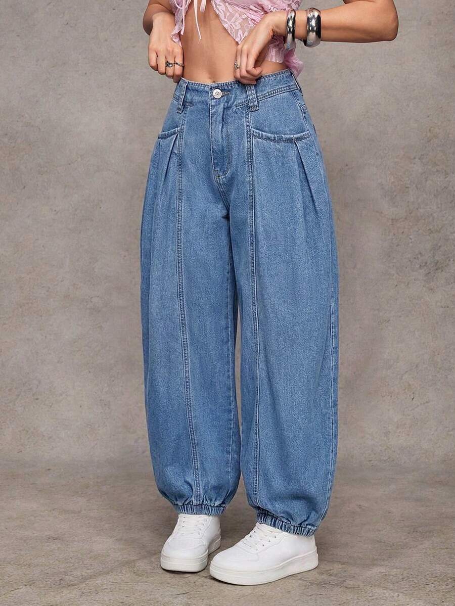 Jeanoix Y2K 女式高腰口袋休闲锥形牛仔裤 - 淺色水洗藍 - 查看 1