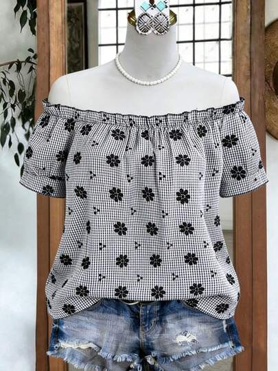 Weeklong Plus Size Women Elegant Black & White Plaid Embroidered Puff Sleeve Off Shoulder Ruffle Trim Spring/Summer Ditsy Floral Soft Fabric Embroidered Collar Casual Shirt Blouse, Suitable For Graduation, Holidays, Valentine's Day, Music Festivals, Mother's Day, Halloween, Thanksgiving, Easter, National Day, Dances, Dates, Parties, Weddings, Outdoor Trips Off Shoulder Top Summer Causal Tops Off Shoulder Tops For Women Casual Tops For Women Gingham Floral Tops Women's Tops For Summer