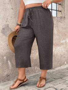 Plus Size Women Casual Pants, Comfortable Textured Capri Pants, Spring & Summer Countryside Vacation - Brown - View 4