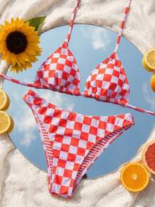 Swim Mod 两件套女士沙滩装，时尚可爱性感度假海边泳池派对格子条纹露背吊带三角比基尼上衣和比基尼泳裤套装 - 彩色 - 查看 3