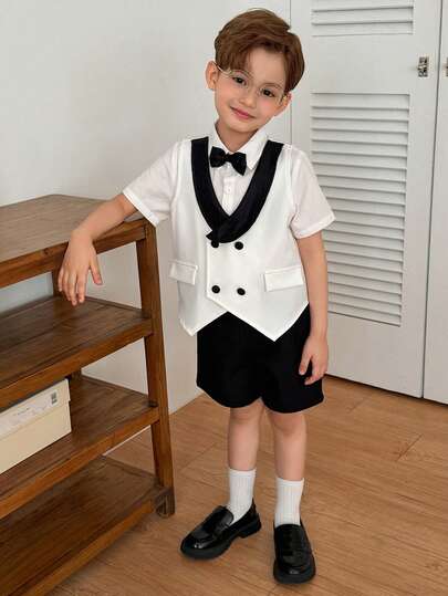 DAZY Bộ 3 món cho bé trai gồm áo tay ngắn cài cúc đơn, áo ba lỗ và quần short, thích hợp mặc hàng ngày, biểu diễn và dự tiệc.