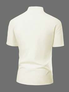 Manfinity Homme Men's Simple Off-White Button Asymmetric Hem Short Sleeve Shirt, Summer Vacation Casual Elegant - White - View 2