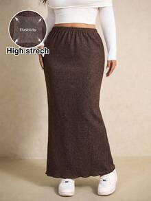Elaquor Plus Size Women Solid Color Elastic Waist Casual Long Skirt - Brown - View 4