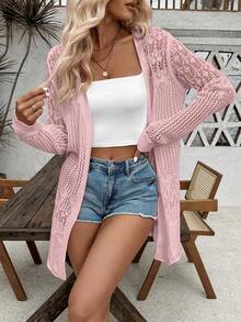 SHEIN LUNE 女士纯色镂空休闲百搭开衫，适合日常穿着 - 淺粉色 - 查看 4