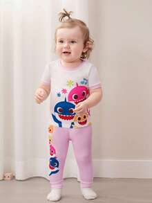 BABY SHARK X SHEIN Baby Girl Comfortable Cute Shark Print Short Sleeve T-Shirt And Pants Pajama Set, Summer - White - View 5
