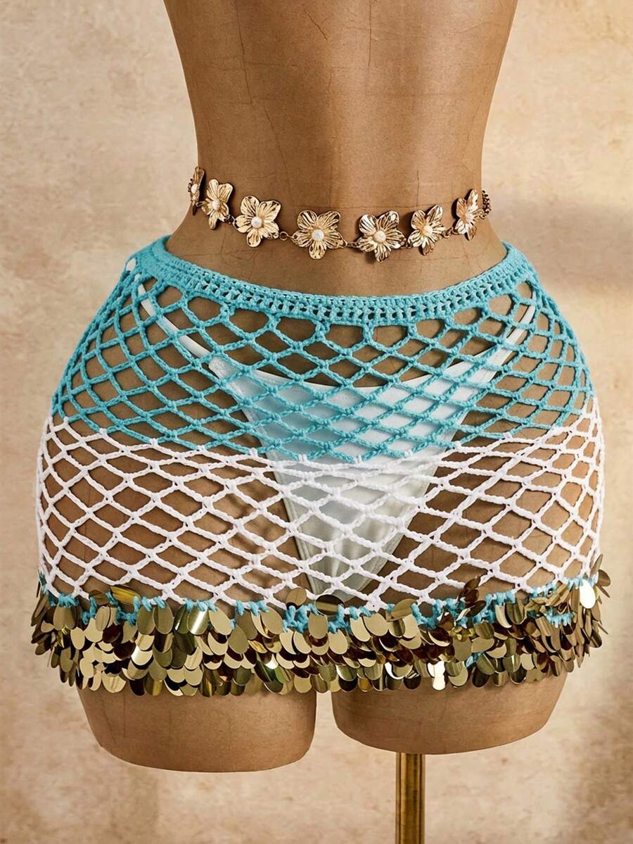 Bonvoyette Bộ đồ nữ phối màu, khoét rỗng, đính sequin, thích hợp cho kỳ nghỉ, gồm áo khoác ngoài và chân váy ngắn. - Màu xanh lam - Xem 1