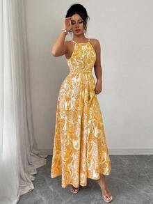 Vestido de mujer sin mangas con cuello de halter, cintura ceñida y dobladillo acampanado con estampado - Amarillo - Ver 5