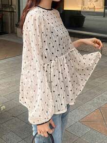 FRIFUL 女士纯白色薄纱波点纹理宽松休闲衬衫，带系带领口蝴蝶结 - 米色 - 查看 4