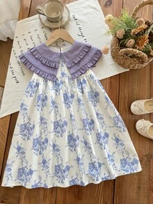 SHEIN Đầm casual cho bé gái màu hồng in hoa, cổ Peter Pan, thích hợp mặc đi nghỉ mát mùa hè. - Màu tím hoa cà - Xem 5
