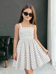 SHEIN Đầm chấm bi trắng thanh lịch và thời trang với dây đeo xếp nếp, thích hợp cho các bé gái tuổi teen, phù hợp cho các bữa tiệc và sự kiện vào mùa xuân/hè. - trắng - Xem 4