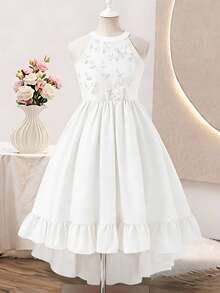 SHEIN Tween Girl Floral 3D Decor Ruffle Fashionable Vacation Dress - White - View 4