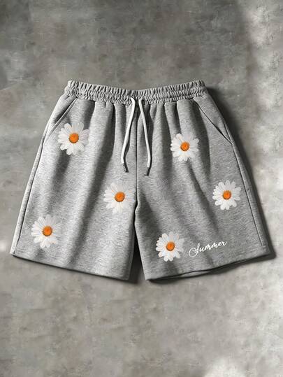 Manfinity EMRG Pantalones cortos casuales y versátiles para uso diario con estampado floral y cordón en la cintura para hombres