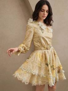 Anewsta Đầm lệch vai, tay phồng, thêu họa tiết, thắt lưng phụ kiện, họa tiết hoa ghép mảnh, kiểu dáng thanh lịch, thích hợp cho lễ hội, đi chơi, nghỉ mát dành cho nữ. - Màu be - Xem 4