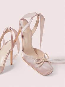 CUCCOO DOLLMOD 女士肉粉色优雅甜美可爱百搭约会装生日派对装蝴蝶结装饰方头芭蕾舞鞋细高跟鞋 - 藕粉色 - 查看 2