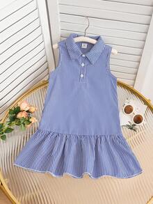 SHEIN Genkimix Kids Young Girls' Sleeveless Striped Button-Down Casual Dress - Royal Blue - View 1