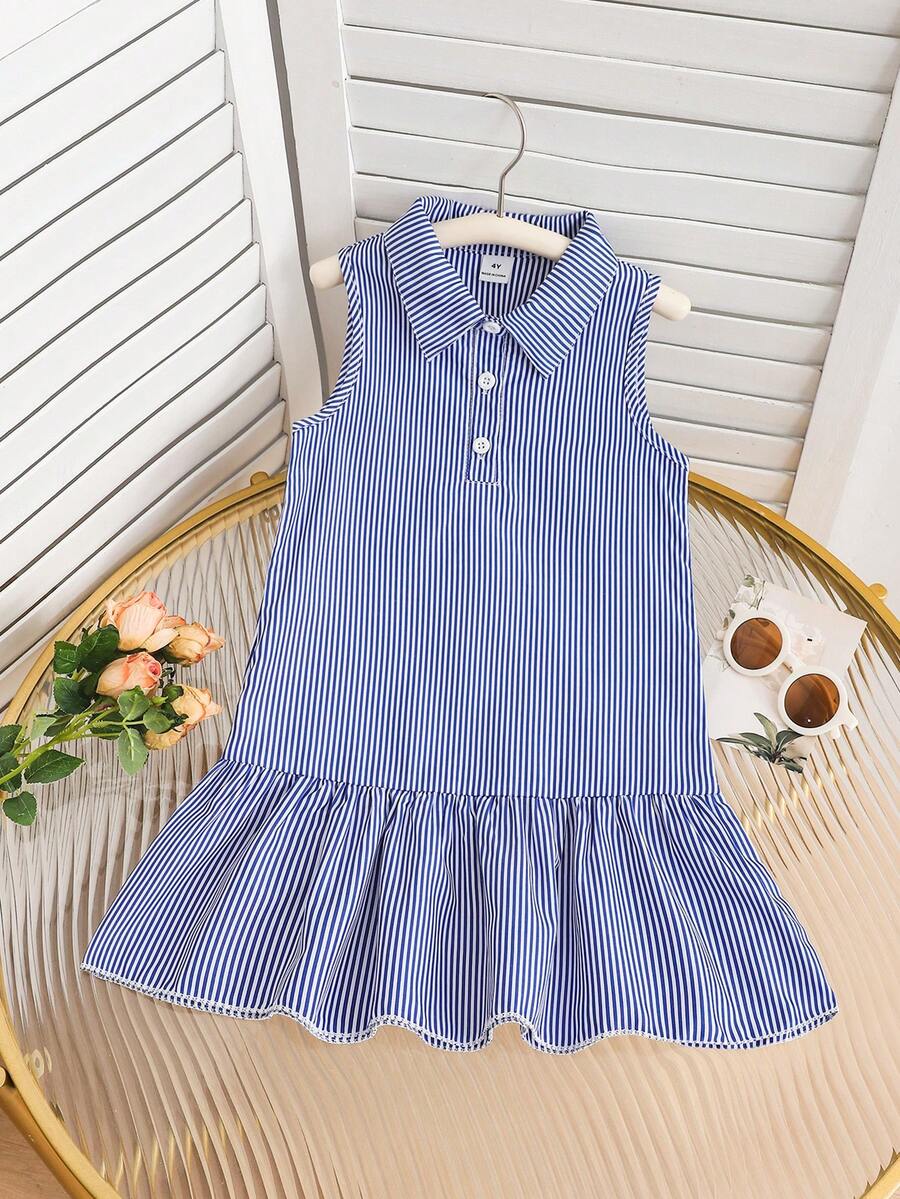 SHEIN Genkimix Kids Young Girls' Sleeveless Striped Button-Down Casual Dress - Royal Blue - View 1