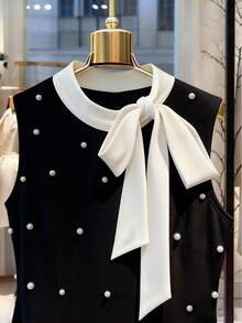 GlowEve CURVE 大码女士优雅撞色打结领仿珍珠装饰无袖连衣裙，夏季 - 黑與白 - 查看 4