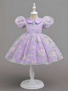 SHEIN Glamorique Kids 少女碎花腰部泡泡裙，薄纱泡泡袖优雅派对连衣裙，适合所有季节 - 紫色 - 查看 4