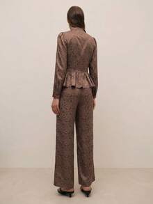 Nöista Setelan Dua Potong Brokat Elegan, Semua Nuansa Cokelat, Musim Gugur, Pesta Teh, Atasan Peplum Lengan Panjang Kancing Cina & Celana Panjang untuk Tampilan Musim Semi/Panas Liburan yang Meriah - Coklat - View 2