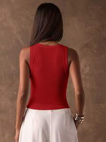 SHEIN BAE Women's Solid Color Rivet Design Ribbed Casual Tank Top,Red Top - Red - View 2