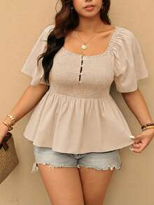 Elaquor Plus Size Women's Vacation Solid Color Square Neck Button Up Pleated Ruffle Hem Blouse - Apricot - View 3