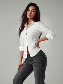 SHEIN PETITE 1 chiếc áo sơ mi nữ tay dài màu trơn cài cúc phía trước, kiểu dáng thường ngày, màu trắng. - trắng - Xem 12