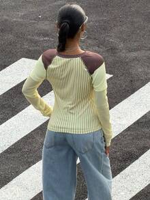 Muchica Women's Letter & Stripe Print Raglan Sleeve Casual T-Shirt - Multicolor - View 2