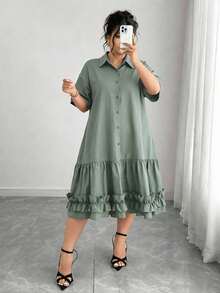 Elenzga Plus Size Shirt Collar Ruffle Hem Casual Vacation Dress - Green - View 8