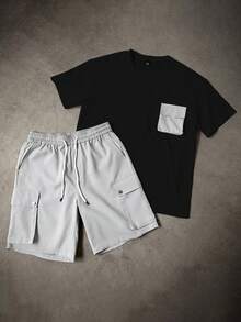 Manfinity Homme Men's Contrast Color Pocket Short Sleeve T-Shirt And Cargo Shorts Set - Multicolor - View 5
