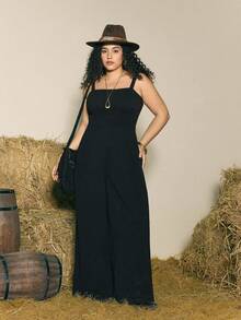 SHEIN MOD 加大码黑色针织背带裤，复古学院风黑色连体裤，女士正装黑色连体裤，曲线连体裤，露背连体裤，Y2K连体裤，女士工作服，职业装，夏季，节日，海滩，婚礼，度假 - 黑色 - 查看 6