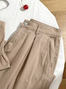 SHEIN Comfortcana Bộ đồ nữ gồm áo hai dây, viền bèo nhún và quần jean, thích hợp cho mùa hè. - Màu Khaki - Xem 4