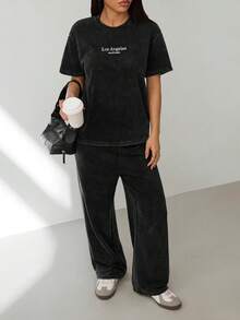 SHEIN PETITE 女士西部风格休闲做旧T恤裤套装，非常适合音乐节 - 黑色 - 查看 6