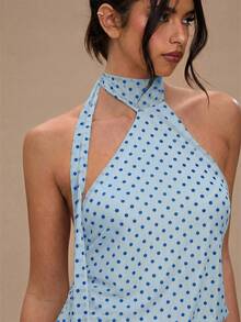 SHEIN BAE Đầm không tay in họa tiết chấm bi dành cho nữ - Màu xanh lam - Xem 5