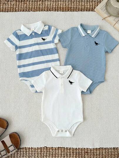 SHEIN Bộ 3 áo polo tay ngắn kẻ sọc dễ thương cho bé trai mùa hè, thích hợp mặc đi mọi dịp, phù hợp cho tiệc sinh nhật, tiệc tối, biểu diễn, đám cưới, tiệc mừng em bé chào đời, lễ kỷ niệm 1 tháng tuổi, lễ kỷ niệm 1 tuổi.
