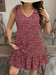 SHEIN LUNE 大码女式碎花打结露肩休闲夏季连衣裙 波西米亚风夏季装扮 复古波西米亚风夏季穿搭 春假狂欢派对穿搭 春假穿搭 - 紅色 - 查看 4