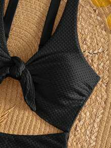 Bonvoyette 2026 Frühjahr/Sommer Aprikot Polka Punkt strukturierter Stoff ärmelloser Brust-Schleife Design süßer Einteiler Bikini Badeanzug für Frauen - Schwarz - Übersicht 3